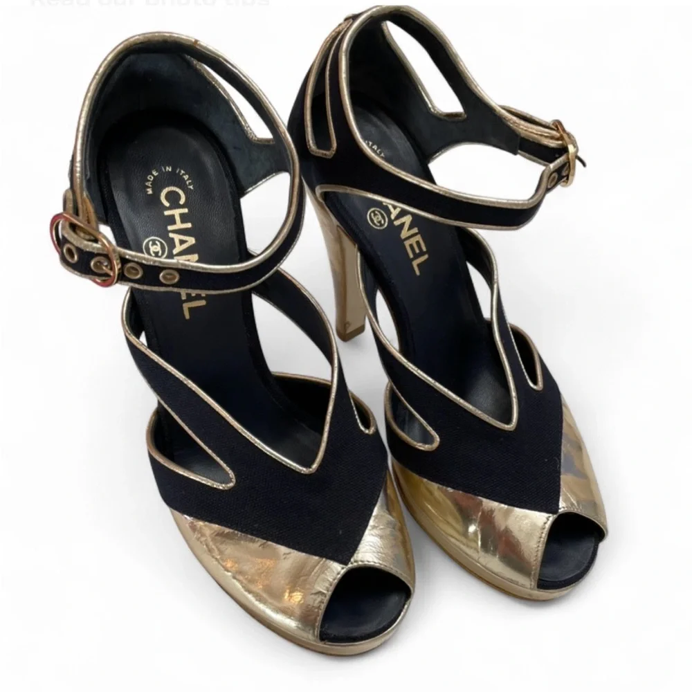 Chanel Gold Leather & Navy Peep-Toe Heels Size 7.5